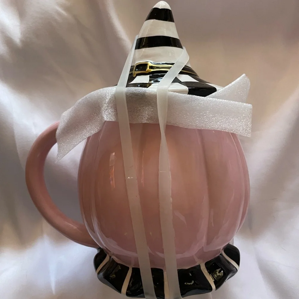 Rare Pink Jack O’ Lantern Pumpkin Coffee Mug Black White Check Witch‎ Hat Lid 8